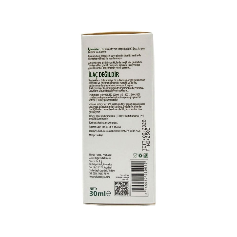 Akzer Sıvı Propolis Ekstraktı 30 ml Suda Çözünebilir Damla