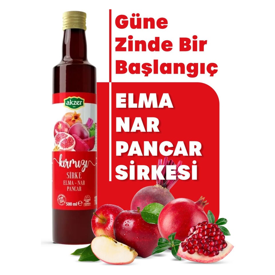Akzer Kırmızı Sirke 500 ml - %100 Doğal Fermente Katkısız Elma Nar Pancar Acı Biber Karışımı Cam Şişe