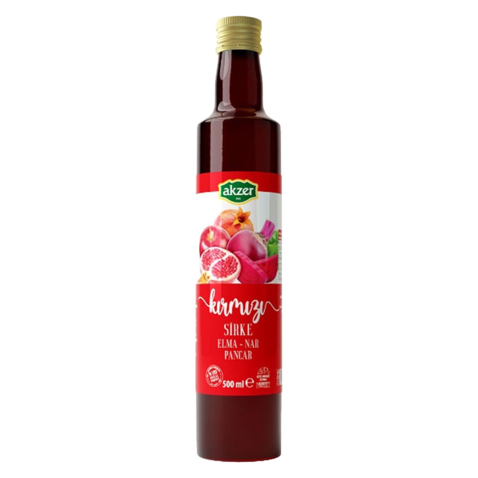 Akzer Kırmızı Sirke 500 ml - %100 Doğal Fermente Katkısız Elma Nar Pancar Acı Biber Karışımı Cam Şişe